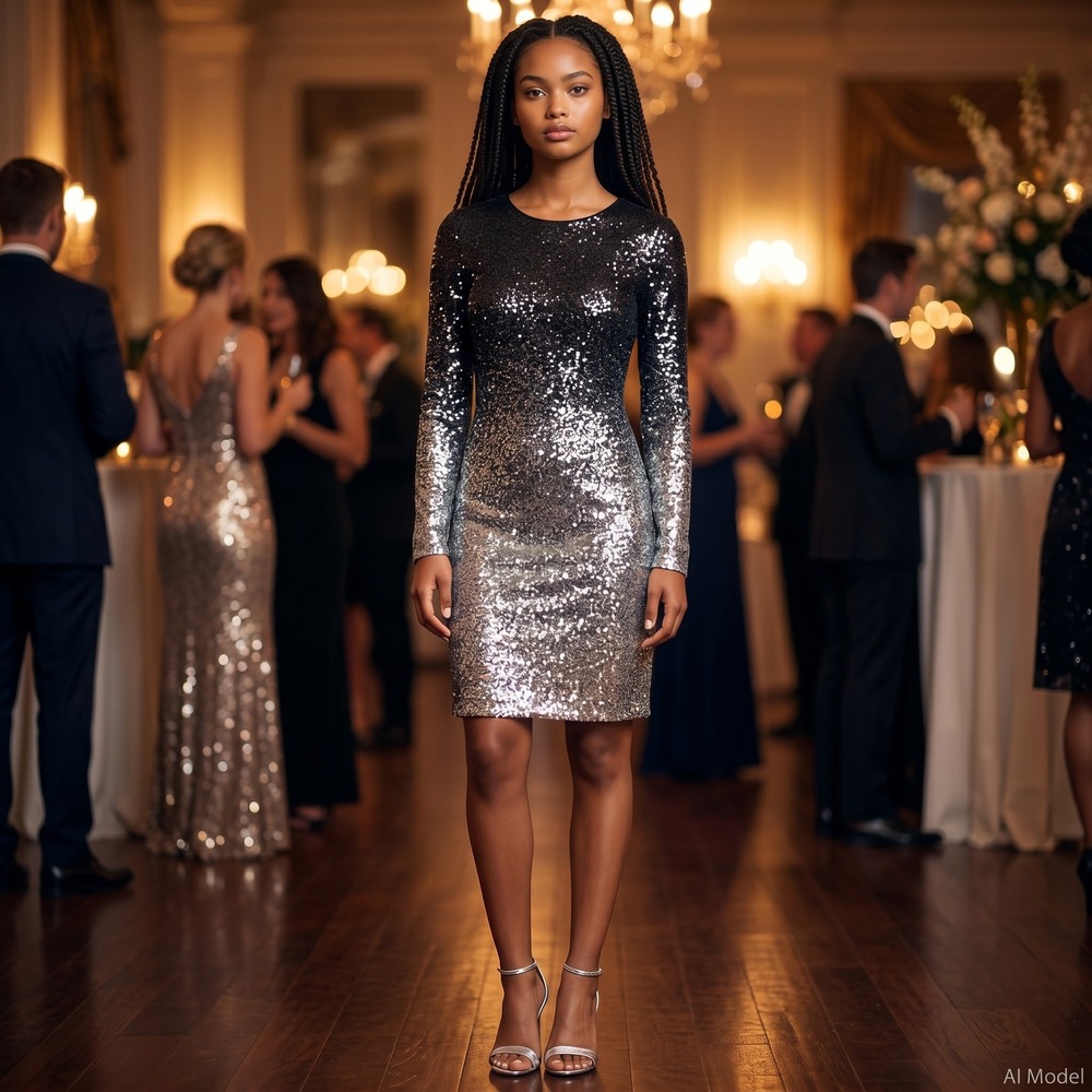 Maia Sequin Sheath Dress Womens 2 Black Silver Ombre Long Sleeve Cocktail G30558